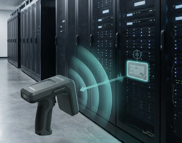data center aisle with a RAIN RFID reader powering a battery‑free UHF sensor tag