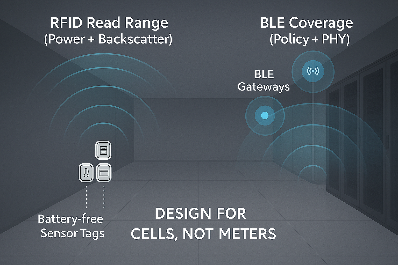 Split scene showing RFID read‑zone arcs powering battery‑free tags on the left and BLE coverage cells from gateways on the right